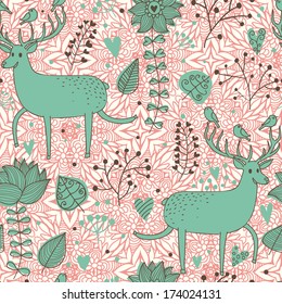 Funny deers in leafs. Stylish seamless pattern in vector. Seamless pattern can be used for wallpapers, pattern fills, web page backgrounds,surface textures.