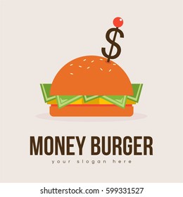 funny and delicious money burger logo cartoon for company organization an business in soft background