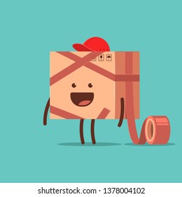 Funny delivery box with adhesive tape vector cartoon character isolated on background.