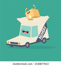 Funny delivery box in the car. Use for card, poster, banner, web design and print on t-shirt. Easy to edit. Vector illustration.