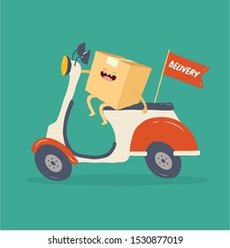 Funny delivery box on the scooter. Vector illustration. Use for card, poster, banner, web design and print on t-shirt. Easy to edit.