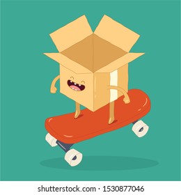 Funny delivery box on the skate board. Vector illustration. Use for card, poster, banner, web design and print on t-shirt. Easy to edit.