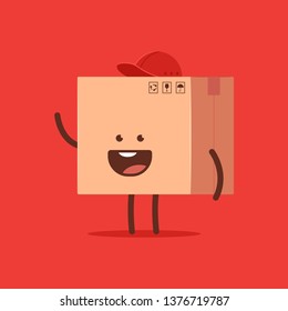 Funny delivery box in red cap vector cartoon character isolated on background.