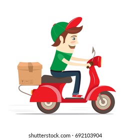Funny delivery boy delivering box by red retro scooter. Flat design. Vector illustration.