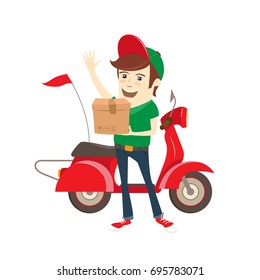 Funny delivery boy delivering box by red retro scooter. Flat design. Vector illustration.