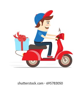 Funny delivery boy delivering gift box with bow by red retro scooter. Flat design. Vector illustration.