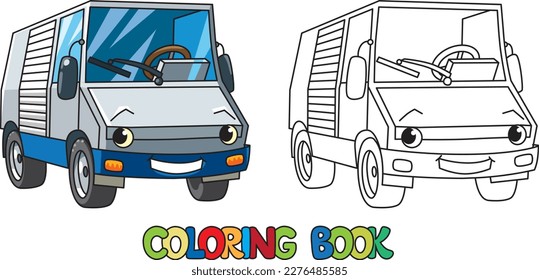 Funny delivery car with eyes. Coloring book