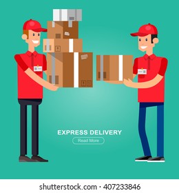 Funny Delivery character man fast to the door and by courier flat set