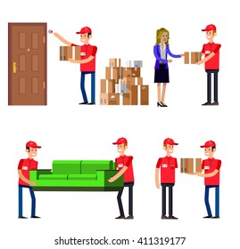 Funny Delivery character man. Delivery fast to the door and by courier flat set.