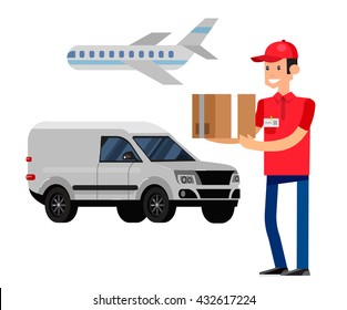 Funny Delivery character man. Delivery fast to the door and by courier flat set