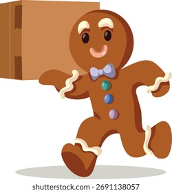 
Funny Delivery Ginger Man Holding a Package Vector Cartoon. Cheerful deliveryman made of gingerbread holding gifts
