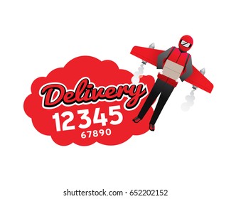 Funny Delivery Man Flying With A Jetpack And Call Number Icon