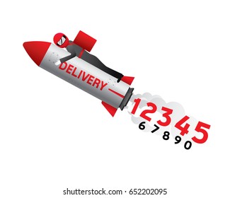 Funny delivery man flying on a rocket with call number icon
