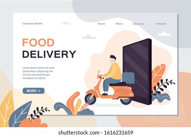 Funny delivery man ride motorbike. Young handsome courier worker. Fast supply concept background. Delivery of goods from online stores landing page template. Trendy style vector illustration