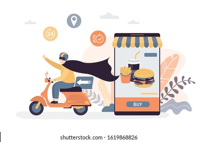 Funny delivery man ride motorbike. Courier dressed as a superhero. Fast delivery concept background. Online shop or cafe, internet order of fast food. Trendy style vector illustration