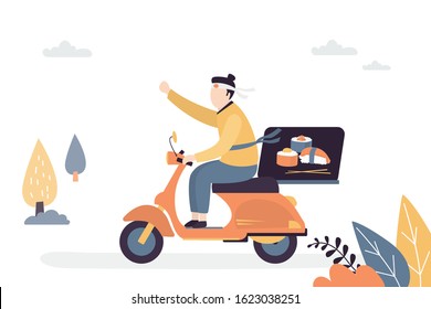 Funny delivery man ride motorbike. Courier dressed as samurai. Fast delivery concept background. Internet order of sushi. Traditional asian food. Handsome male character.Trendy vector illustration