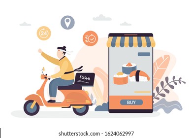 Funny delivery man ride motorbike. Courier dressed as samurai. Fast delivery concept background. Internet order of sushi. Traditional asian food. Smartphone with food order service application. Vector
