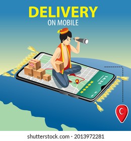 funny delivery package by 
flying carpet on mobile phone. Order package in E-commerce by app. Tracking courier by map application. Three dimensional concept. Vector illustration