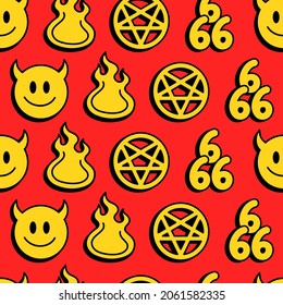 Funny demon smile face,hell fire,666 numbers,pentagram seamless pattern.Vector cartoon kawaii character illustration icon design.Demon horns smile face,satanic,devil,fire,hell seamless pattern concept