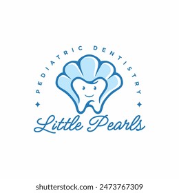 Funny dental character with clam behind for kids teeth care and healty dentistry logo design vector