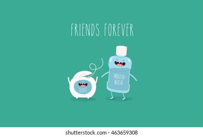 Funny dental floss and mouthwash bottle are friends forever. Vector illustration.