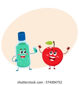 Funny dental mouthwash, mouth rinse and apple character, teeth care concept, cartoon vector illustration with place for text. Apple and dental mouthwash characters, good habits