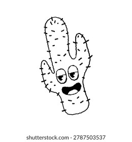 Funny desert cactus mascot with goofy face and prickles. Hand drawn succulent plant for coloring. Isolated desert sketch.