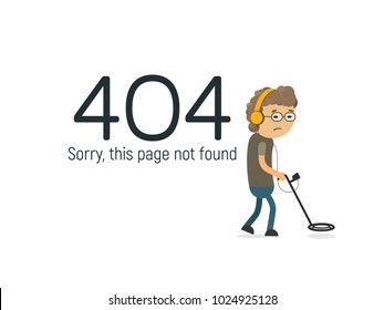 Funny Design 404 Page Not Found Vector Illustration. Geek With Metal Detector Searching The Big Data