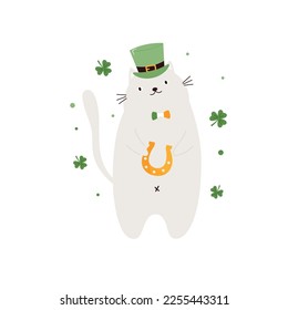 Funny design with a cat in a top hat holding a horseshoe for St. Patricks Day. Vector illustration for traditional Irish holiday