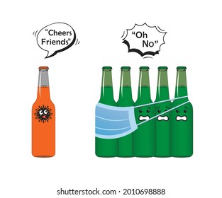 Funny design with coronavirus. The bottle with the coronavirus said cheers friend, but the conscious bottles are scared