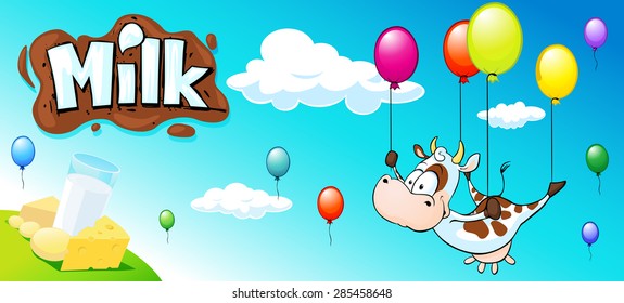 funny design with cow, colorful balloon and milk products - horizontal banner