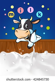 funny design with cow recommending great milk - vector illustration with cow cartoon, milk splash and colorful dotted design with milk logo