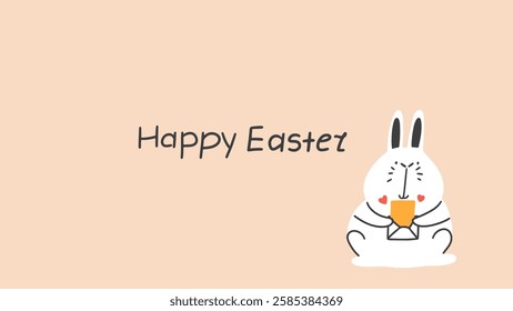 Funny design with Easter stylish white bunny on blank background with handwritten minimalistic text. Happy Easter card. 