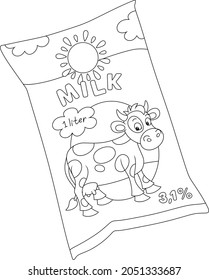 Funny design of a milk package with a happy spotted cow and a sun, black and white vector cartoon illustration for a coloring book page