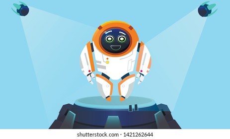 Funny Design Robot Next Generation Illustration. Humanoid Robot Humanoid Standing on Podium and Smiling. Smart Engineering thought Created Futuristic Automatic Mechanism, Cartoon Vector.