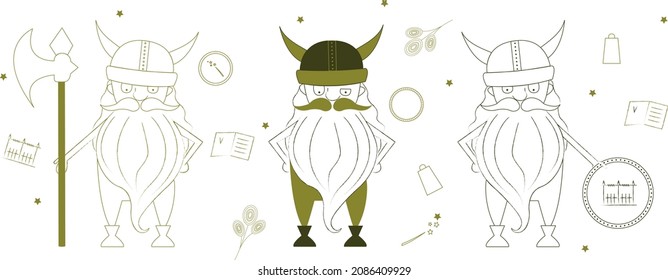 Das lustige Design eines Viking in verschiedenen Posen auf weißem Hintergrund. Vektorgrafik.