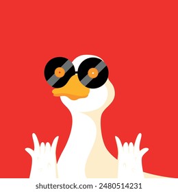 Funny design with white duck wearing black vinyl records as sunglasses, against bright red background. Humorous and playful visual. Creative vector illustration. Concept of music, retro style, pop art