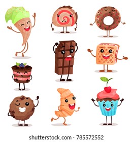 Funny dessert characters set, cute smiley sweets cartoon vector Illustrations