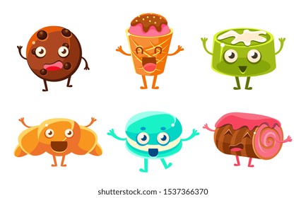 Funny Desserts Cartoon Characters Set, Croissant, Cupcake, Roll Cake, Jelly, Cookie, Ice Cream Vector Illustration