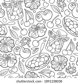Funny desserts and sweets, buns and berries seamless pattern. Vector cartoon hand drawn line art food illustration. 