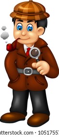 funny detective cartoon standing bring magnifying glass with smoking