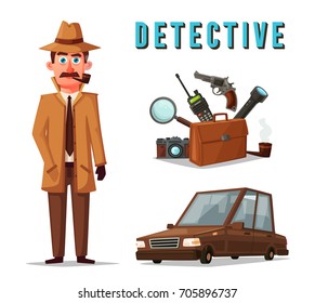 Funny detective character. Cartoon vector illustration. Cheerful inspector in raincoat. Man in hat.