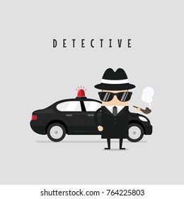 Funny detective character with his car. Cartoon vector