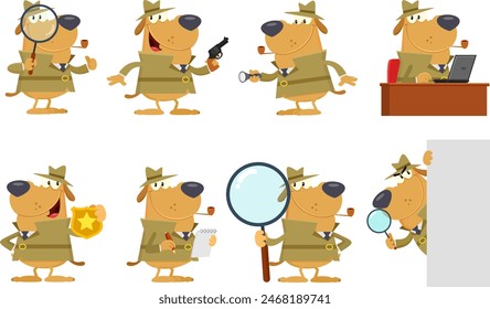 Funny Detective Dog Cartoon Character. Vector Flat Design Collection Set Isolated On Transparent Background