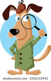 
Funny Detective Dog with Magnifying Glass Vector Character. Mascot sleuth checking for clues and prints 
