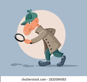 Funny Detective with Magnifying Glass Following Footprints. Private investigator looking for clues and footprints at crime scene
