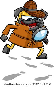 Funny Detective Pug Dog Cartoon Character With Magnifying Glass Following A Clues. Vector Hand Drawn Illustration Isolated On Transparent Background