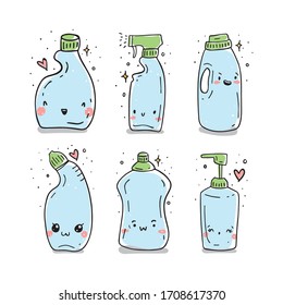 Funny detergent bottle character set with smiling human face, hand drawn in a doodle cartoon style. Vector illustration of isolated on white background. Washing, cleansing agent