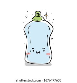 Funny detergent bottle character with smiling human face, hand drawn in a doodle cartoon style. Vector illustration of isolated on white background. Washing, cleansing agent.