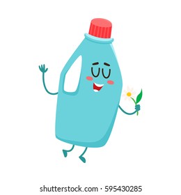 Funny detergent bottle character with smiling human face holding a flower, cartoon vector illustration isolated on white background.  
